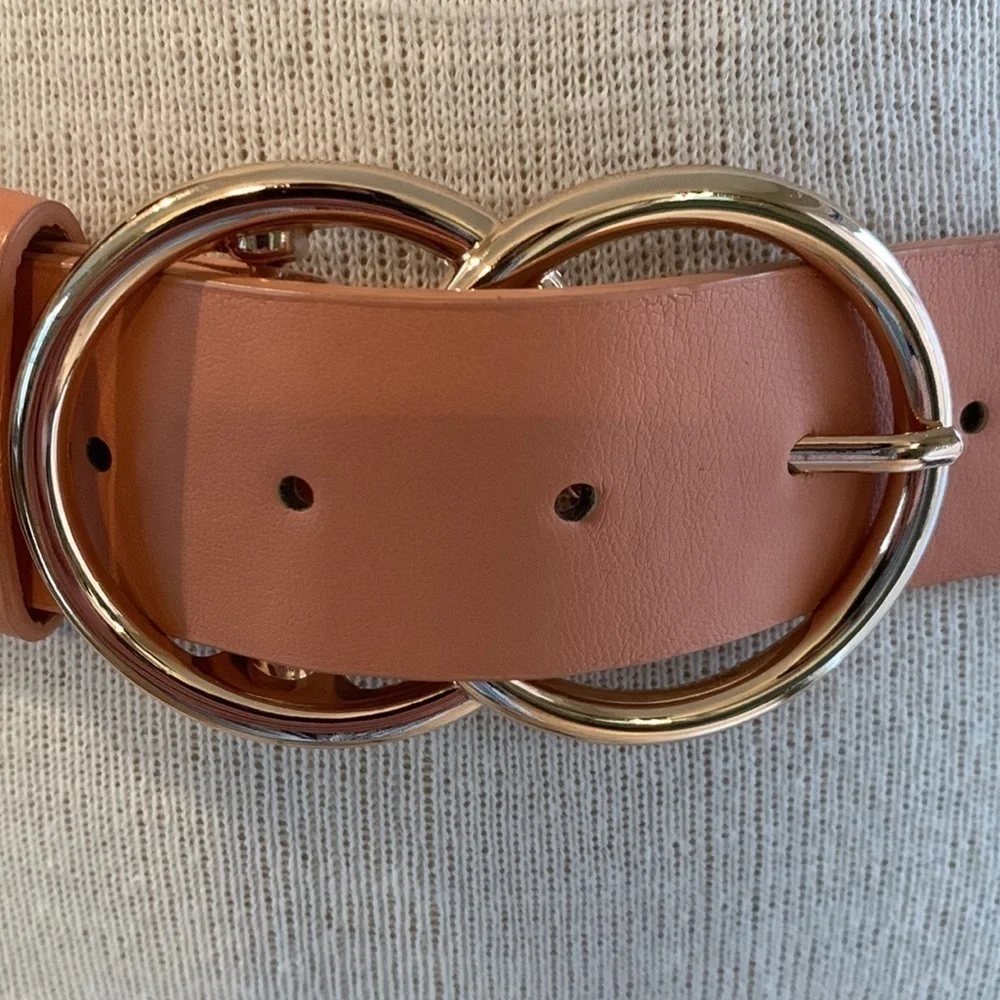 Faux leather peachy tan belt with gold buckle detail